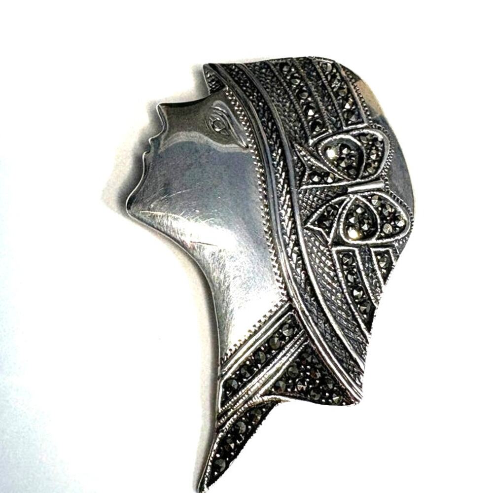 Vintage Art Deco Style Lady Profile Brooch Silver Tone 2”
